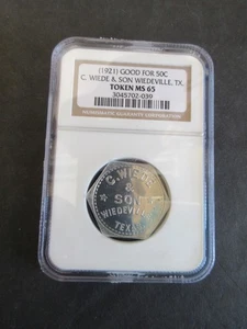 EE. UU. 1921 BUENO POR 50 CENTAVOS C. WIEDE & SON WIEDEVILLE, TX NGC CALIFICADO MS-65 - Imagen 1 de 5