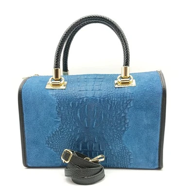 Bolso de Mano Cartera Azul Italiano Cocodrilo Repujado Cuero Gamuza Genuino Hecho en Italia Foto 1 de 4