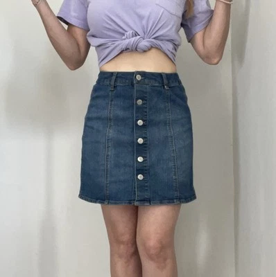 Minifalda Mossimo Abotonada 2 Tiro Alto Azul Jean Denim Línea A Años 90 Niña Foto 1 de 4