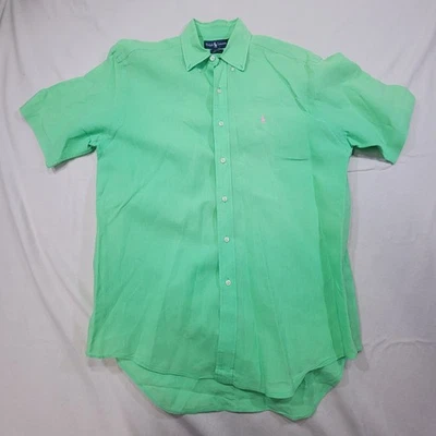 Polo Ralph Lauren Blake Mens M Button Up Short Sleeve Shirt 100% Linen Green - Image 1 of 4
