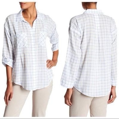 Camisa Anthropologie Suave Joie Adabelle Cuadros Abotonada XS Blanca Azul Foto 1 de 4