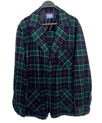 Vintage 60s 70s PENDLETON Mens Medium 49er Blazer Jacket Green Plaid Tartan Wool - Image 1 of 3