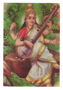 c.1990 Saraswati Tridevi Diosa hindú Veeda Hinduismo Arte Postal De Colección Pooran - Imagen 1 de 2