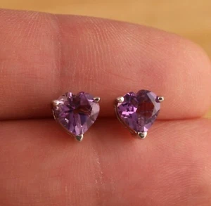 Natural Amethyst 925 Sterling Silver Heart Shaped Stud Earrings Gift Boxed - Picture 1 of 6