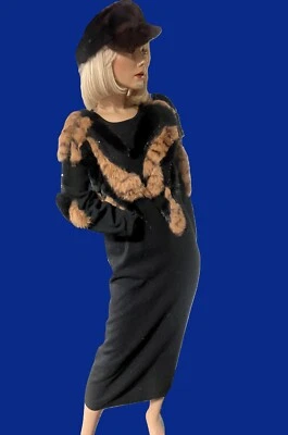 Vintage 80's Black Lambswool Fur and Sequin Sweater Dress S Never Worn - Image 1 of 4