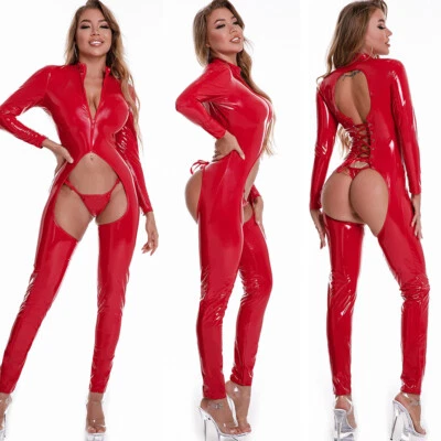 Womens PVC Leather Shiny Wet Look Jumpsuit Crotchless Bodysuit Catsuit w/ T-back - Image 1 of 4