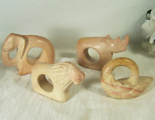Carved Stone Napkin Rings Holders Set of 4 Elephant, Lion, Rhino, Bird