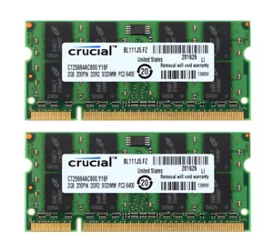 Crucial 4GB 2x2GB PC2-6400 2RX8 DDR2-800MHz 200PIN SODIMM RAM Laptop Memory - Picture 1 of 6