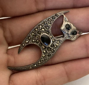 Broche prendedor vintage de plata de ley 925 de ónix marsacita gato G44 - Imagen 1 de 4