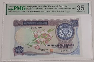SINGAPORE 1973 100 Dollars SN# A5282310 PMG 35 *ORCHID SAILING SHIP* Banknote - Picture 1 of 4