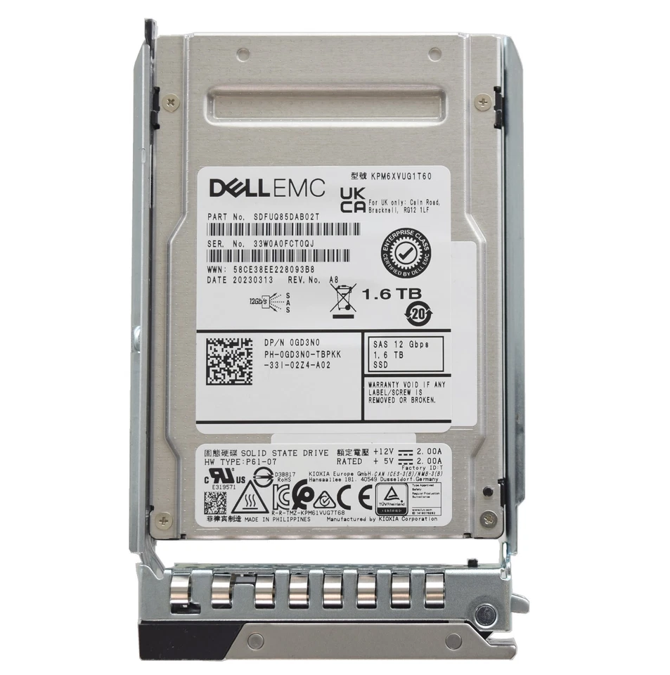 Dell Kioxia 2.5" 1.6TB 12GBPS MU SAS SSD Drive - GD3N0 KPM6XVUG1T60 - Image 1 of 1