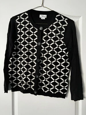Cárdigan suéter vintage para mujer CHAUS manga 3/4 blanco y negro patrón geométrico L Foto 1 de 4