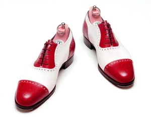Men Oxford Two Tone Red White Brogue Cap Toe Spectator Real Leather Laceup Shoes - Picture 1 of 3