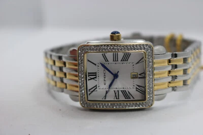 Epoch Two Tone Crystal Bezel Womens Quartz Watch Textured White Dial New Batt - Image 1 of 4