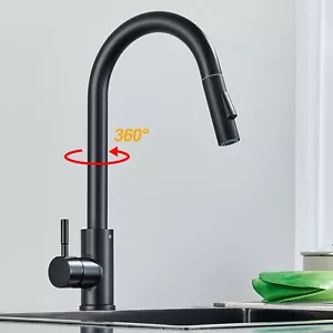 Kitchen Sink Mixer Tap with Pull Out Hose Spray Black Faucet Single Handle 360° - Picture 1 of 11
