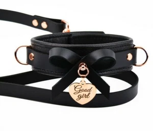 Black Leather Collar Bow Rose Gold Custom Engraved with Leash ddlg col49Blk - Picture 1 of 6
