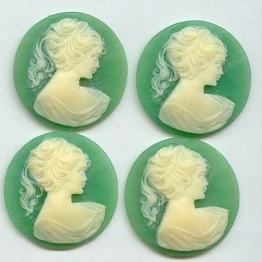 4 VINTAGE VERDE VICTORIANA DAMA CABEZA COLA DE CABALLO REDONDA 30mm. CAMEOS ACRÍLICOS C10 Foto 1 de 1