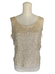 Camiseta sin mangas vintage años 60 crema con cuentas lentejuelas sin mangas con flecos lana iridiscente - Imagen 1 de 6