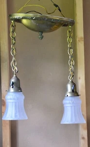VINTAGE 1910s PAN or FOYER or BEDROOM DOUBLE-BULB CHANDELIER - Glass shades - Picture 1 of 9
