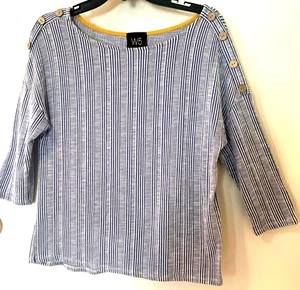 W5 Cute Knit top L Boatneck 3/4slv Blue/White Vertical stripe Very soft knit - Picture 1 of 7