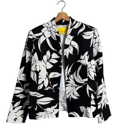 Chaqueta Blazer Flores & Flores 100% Seda Floral Frente Abierto Para Mujer 10 Negro Blanco Foto 1 de 4