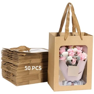 50 PCS Brown Paper Gift Bags with Transparent Window - Paper Gift Bags with H... - Picture 1 of 6