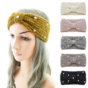 Women Winter Knitted Pearls Ear Warmer Headband Crochet Wool Hairband Hat Beanie - Picture 1 of 18