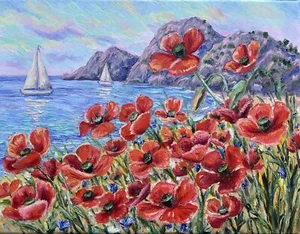 Original Floral Seascape Oil Painting Poppy Flower Art 14x18 Coastal Wall Decor - Picture 1 of 12