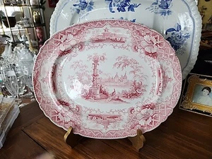 15,1/4"× 12,1/4" Antik Rot Transferware Staffordshire Platte Pfau In... - Bild 1 von 15