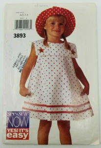 Butterick 3893  Girls Dress & Hat See and Sew Sizes 2 3 4 Sewing Pattern - Picture 1 of 3