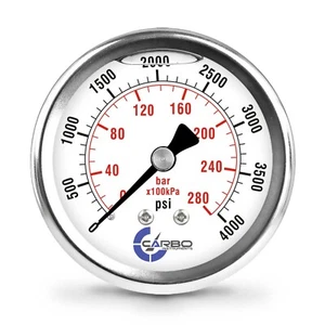 2.5" LIQUID FILLED PRESSURE GAUGE 0 - 4000 PSI, STAINLESS STEEL CASE BACK MOUNT - Picture 1 of 6