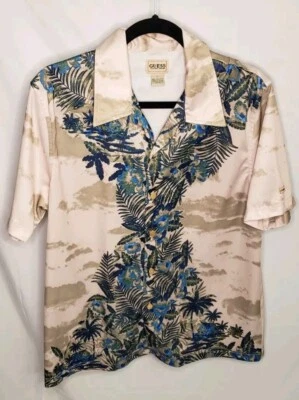 Vtg Guess Mens Short Sleeve Button Up Hawaiian Shirt Size Large Cream Tan Nice! - Image 1 of 4