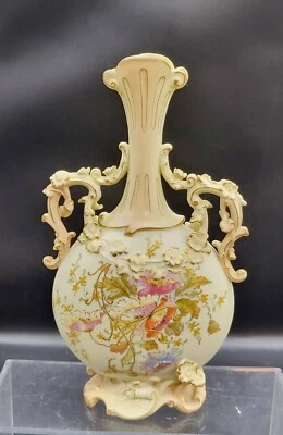antique hand painted 12"  RW Royal Rudolstadt porcelain vase, flowers, butterfly - Image 1 of 4
