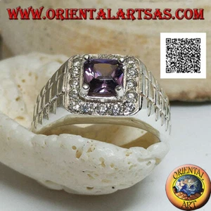 Anello in Argento 925‰ rodiato a maglia d'orologio con zircone ametista - Foto 1 di 2