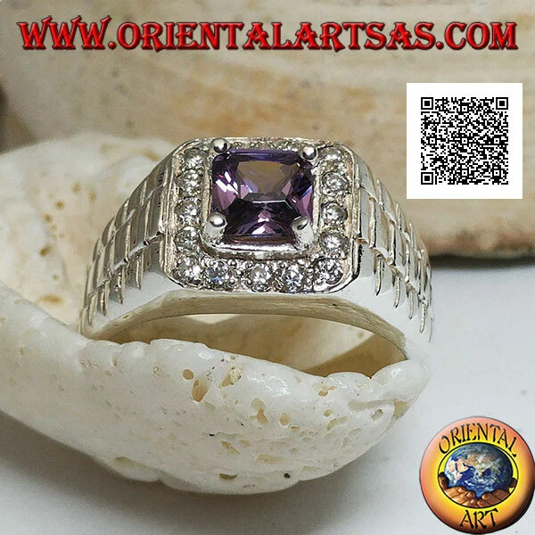 Anello in Argento 925‰ rodiato a maglia d'orologio con zircone ametista - Immagine 1 di 1