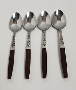 Interpur Faux Wood Handle Canoe Hearts Stainless Flatware 4 Teaspoons Japan Vtg - Picture 1 of 5