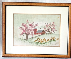 Vtg Petit Point Needlework Spring Barn Landscape, Country, Farmhouse, Framed - Picture 1 of 11