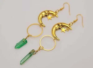 Green Celestial Aura Quartz Earrings Handmade, Moon & stars - Picture 1 of 9