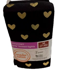 Wonder Nation Footed Tights Black Gold Hearts 2 pr Heavyweight Girl size M 7-10 - Picture 1 of 7