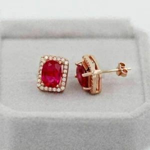 3.30Ct Oval Cut Natural Ruby & Diamond Women's Halo Stud Earrings 14k Rose Gold - Picture 1 of 10