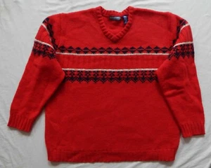 Red Pure Wool Striped V-Neck Pullover Sweater - XL Mens Structure Vintage - Picture 1 of 8