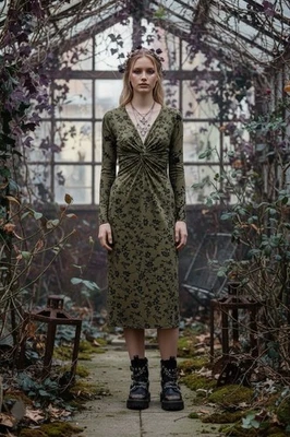 Vintage Y2K Velvet Flocked Mesh Midi Dress Sz XL Green Forest Fairy Grunge Goth - Image 1 of 4