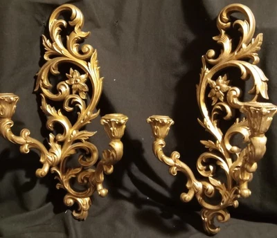 Stunning Pair Of Vintage Gold Ornate Floral Victorian Style Sconces - Image 1 of 4