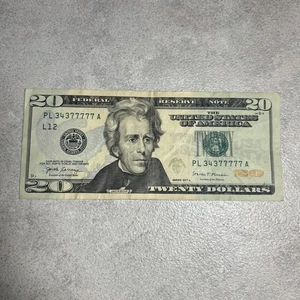 Federal Reserve Note $20 Bill Fancy Serial Number Lucky 7’s- 34377777 - Picture 1 of 4