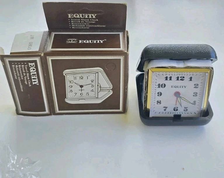 NOS Vintage 1970s EQUITY Travel Alarm Clock Black Case BRAND NEW Original Box! - Image 1 of 4