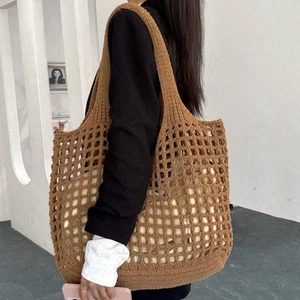 Large Capacity Shopping Straw Bag Breathable Hollow Shoulder Pouch School - Picture 1 of 15
