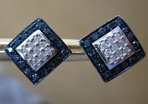 .60ctw REAL BLUE & WHITE DIAMOND EARRINGS,SPARKLES,PRINCESS CUT SHAPE,w/CERT - Picture 1 of 6