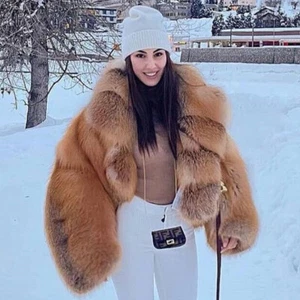Natural Red Fox Fur Coats Winter Women Full Pelt Jackets with Big Lapel Outcoat - Picture 1 of 12