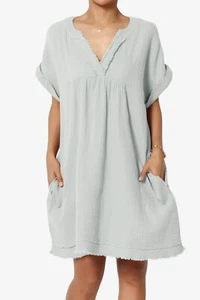 TheMogan Casual Loose Short Sleeve V Neck Cotton Gauze Babydoll Shift Mini Dress - Picture 1 of 200