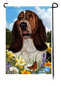 Summer Flowers Garden Flag - Tri Basset Hound - Picture 1 of 1